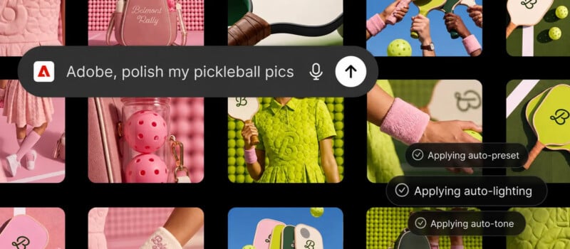 A grid of pickleball-themed images is overlaid with an Adobe search bar and status indicators showing auto-preset, auto-lighting, and auto-tone being applied.