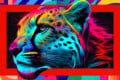A stylized, neon-colored cheetah head is centered within a red rectangular frame against a vibrant, geometric background.