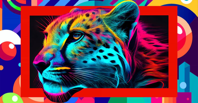 A stylized, neon-colored cheetah head is centered within a red rectangular frame against a vibrant, geometric background.