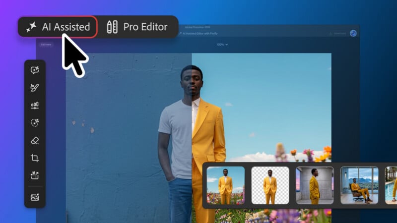 A digital photo editing interface shows an AI-assisted mode with a toolbar on the left and a carousel of edited image variations at the bottom.