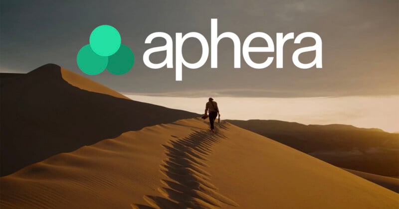 A person walks along the ridge of a sand dune at sunset, with the word "aphera" and a three-circle logo overlaid above.