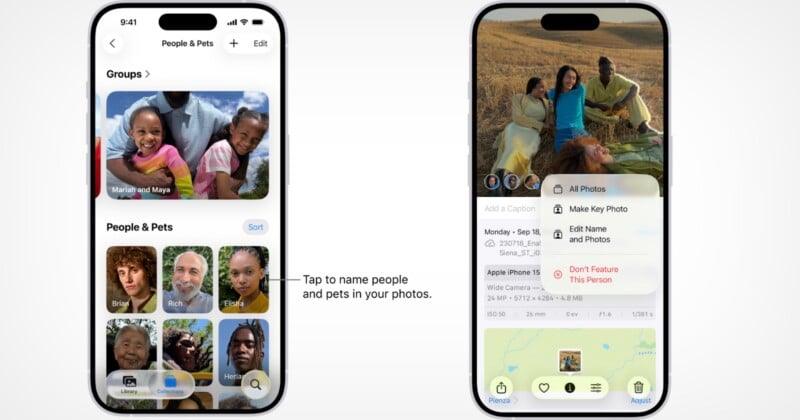 Two smartphone screens display the Apple Photos app, showing the People & Pets interface with naming options and a menu for managing photo subjects.