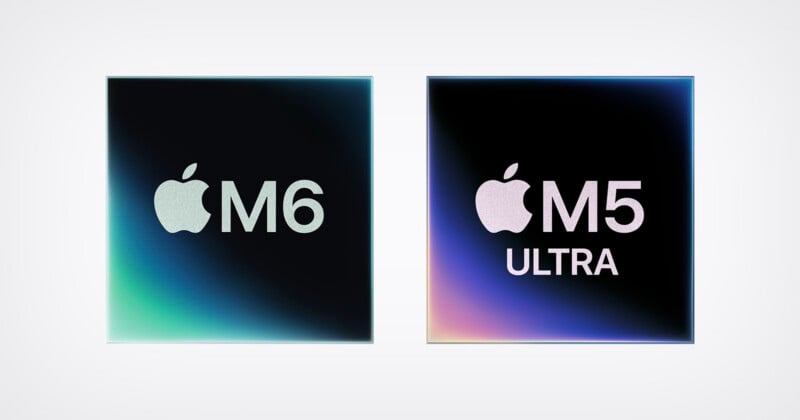 Two square Apple silicon chip icons side-by-side, one labeled "M6" with a green gradient and the other labeled "M5 ULTRA" with a purple gradient.