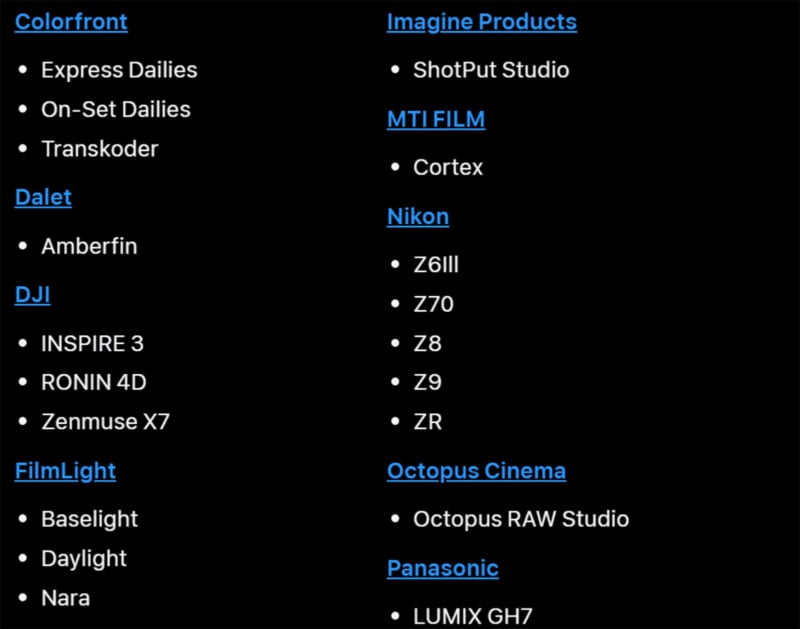 A list of technology companies and their associated products, organized into two columns against a black background.