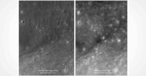 Two side-by-side lunar surface images showing craters and terrain, labeled with timestamps from 2015 and 2026.