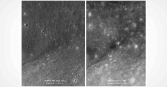 Two side-by-side lunar surface images showing craters and terrain, labeled with timestamps from 2015 and 2026.