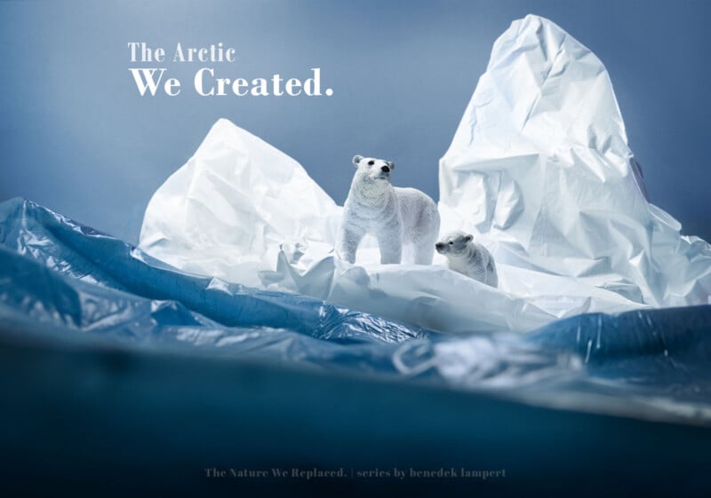 A polar bear and cub stand on a white plastic iceberg surrounded by blue plastic waves, with the text "The Arctic We Created.