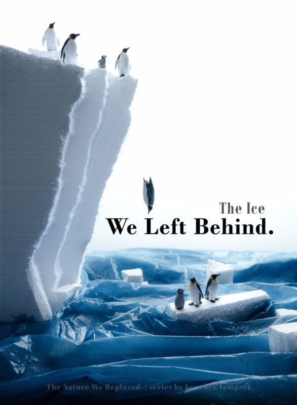 Toy penguins stand on and dive from blocks of white Styrofoam set against a background of crinkled blue plastic sheeting.