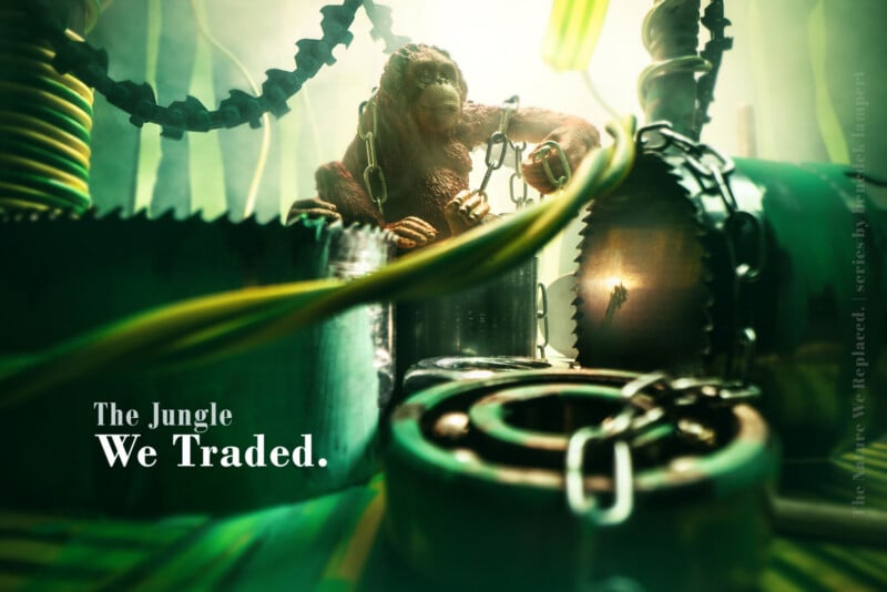 An orangutan figurine sits amidst industrial machinery, chains, and saw blades, with the text "The Jungle We Traded.