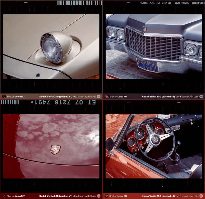 A contact sheet of four film frames showing close-ups of vintage car details, including a headlight, a Cadillac grille, a Porsche emblem, and a car interior.