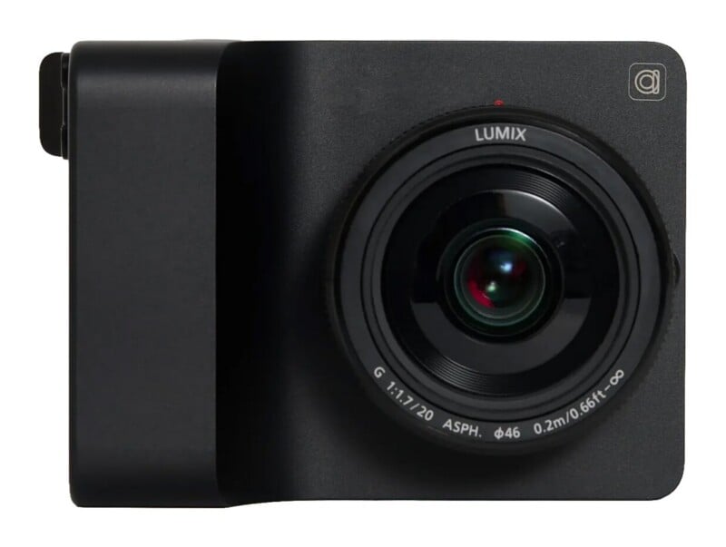 A black, minimalist digital camera with a prominent lens featuring text that reads LUMIX, G 1:1.7/20 ASPH., and 0.2m/0.66ft-∞.