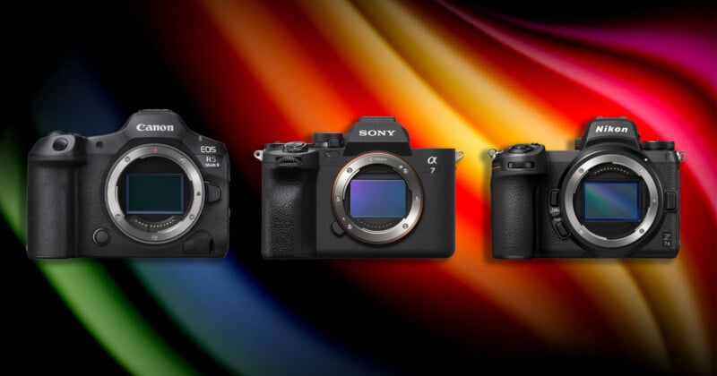 Three mirrorless cameras, labeled Canon EOS R5 Mark II, Sony α7, and Nikon Z 7II, are arranged side-by-side against a colorful, abstract background.