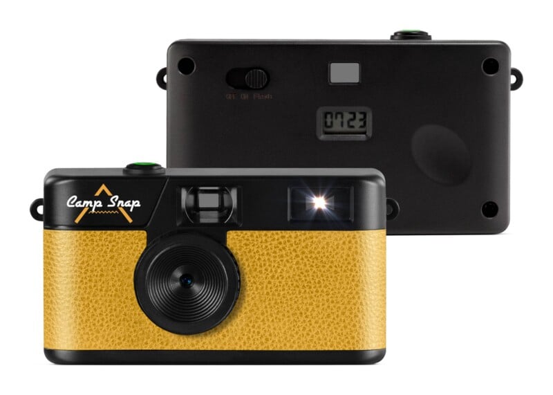 Two Camp Snap digital cameras are shown, one from the front with a yellow textured grip and one from the back showing a flash switch and a digital counter.