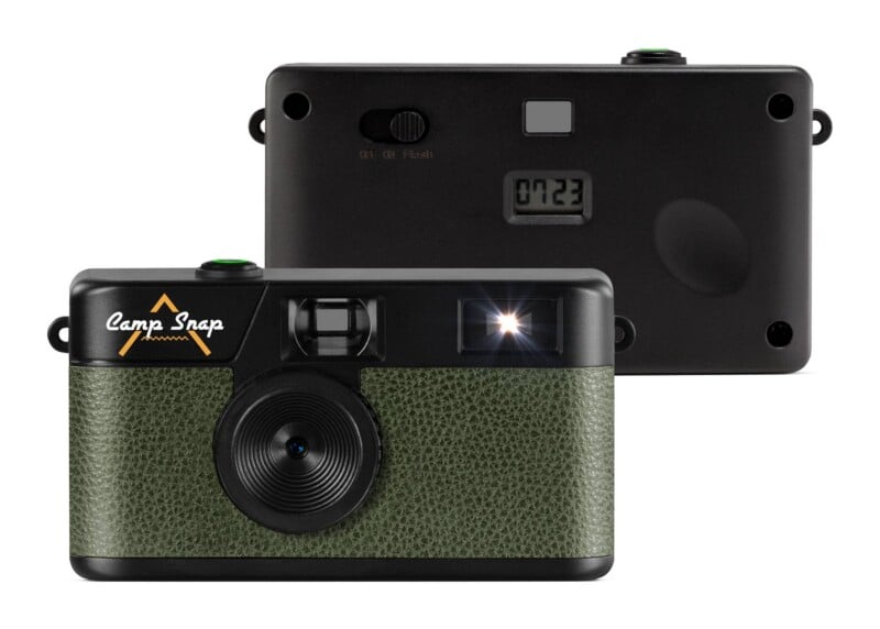 Two Camp Snap digital cameras shown from the front and back, featuring a green textured grip, a flash, and a small digital frame counter.