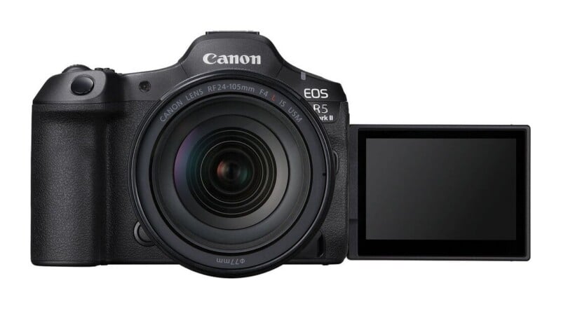 A black Canon EOS R5 Mark II mirrorless camera with a 24-105mm lens attached and its side-hinged LCD screen flipped out to the right.