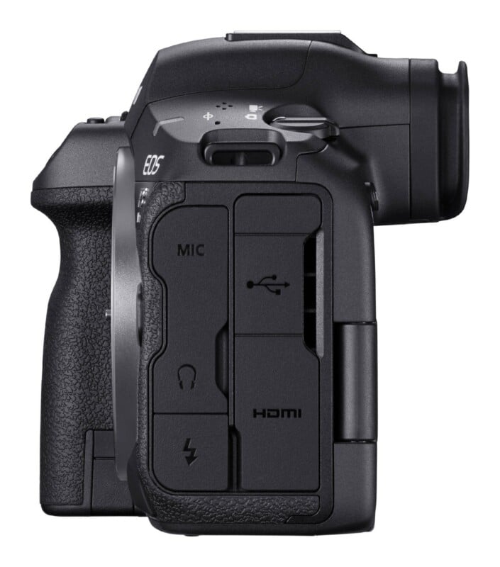 Side view of a black digital camera body showing port covers labeled with icons for microphone, headphones, flash, USB, and HDMI.