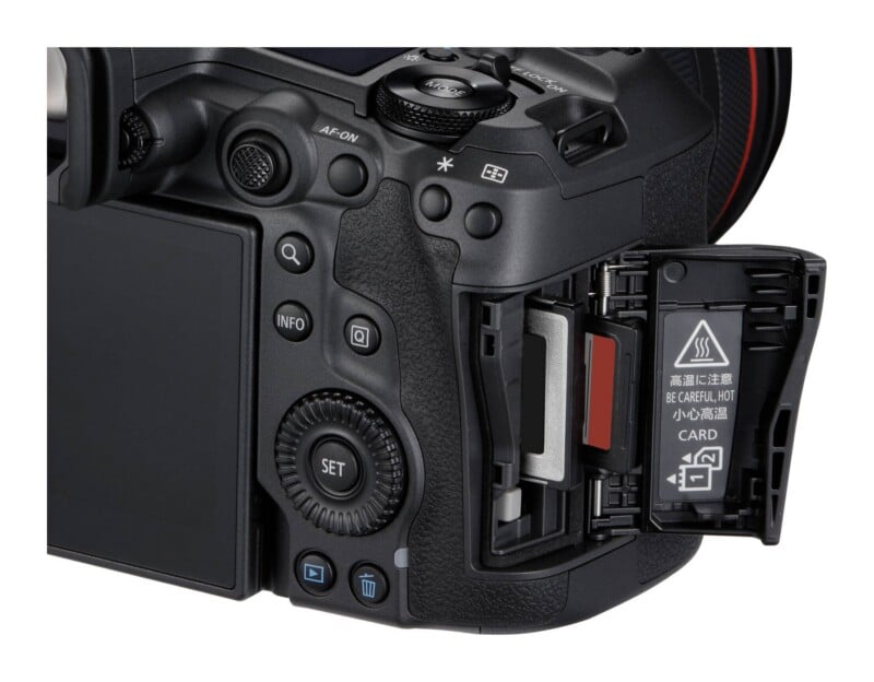A close-up view of the back of a digital camera with its memory card slot door open, revealing two inserted memory cards.