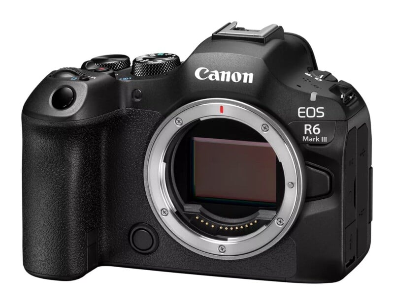 A black Canon EOS R6 Mark III mirrorless camera body shown from the front, featuring an interchangeable lens mount and a visible sensor.