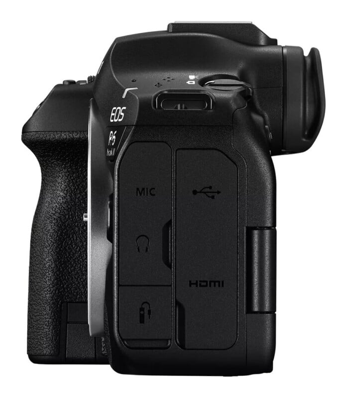 Side view of a black digital camera body showing ports for a microphone, headphones, remote, USB, and HDMI.