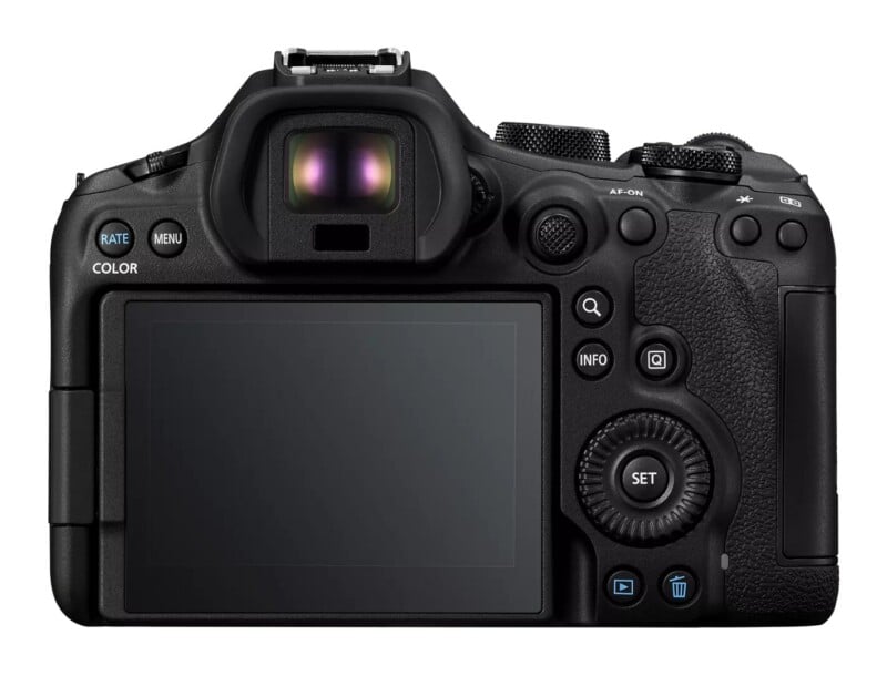 Back view of a black digital camera featuring a large LCD screen, an electronic viewfinder, and various control buttons and dials.