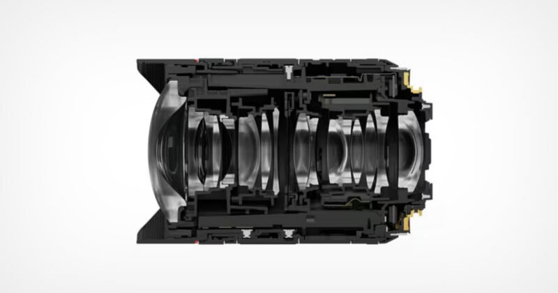 A cross-section view of a camera lens showing its internal glass elements and mechanical housing.