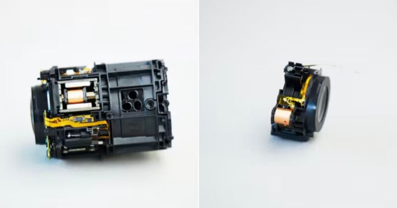 Two views of a disassembled camera lens module showing internal mechanical components, copper coils, and flexible ribbon cables.