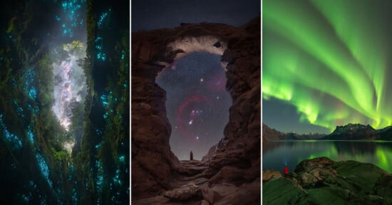 A triptych showing a glowing cave with a starry sky, a person standing under a natural rock arch at night, and an aurora.