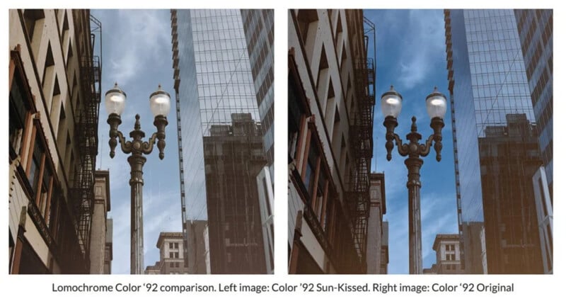A side-by-side comparison of a city street scene featuring a double-headed lamp post, with the left image appearing warmer and the right image appearing cooler.