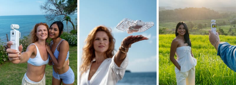 Three panels show two women using a white handheld camera and a small drone to take photos and videos in outdoor settings.