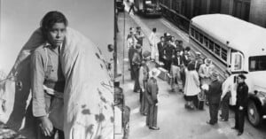 A split-screen image showing a young person carrying a large sack on their back on the left, and a group of people boarding a bus under the supervision of uniformed officers on the right.