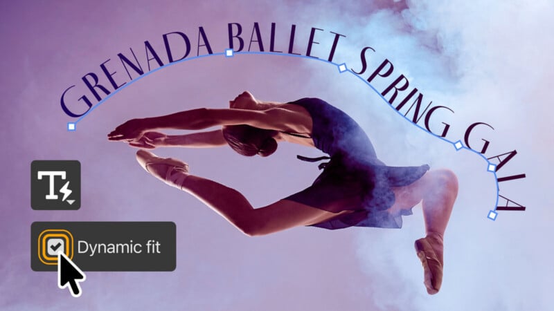 A ballerina leaps through purple smoke with the text "GRENADA BALLET SPRING GALA" arched above her, accompanied by a "Dynamic fit" interface button.