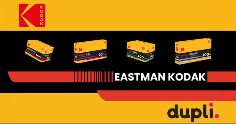 A yellow banner features the Kodak logo, four boxes of Kodak film, the text "EASTMAN KODAK," and the "dupli." logo.