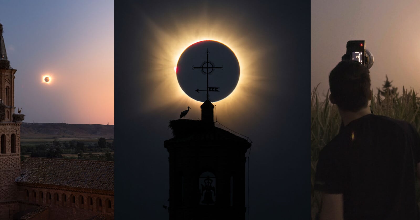 A triptych showing a solar eclipse over a church tower with storks, a close-up of the eclipse behind a cross, and a photographer.