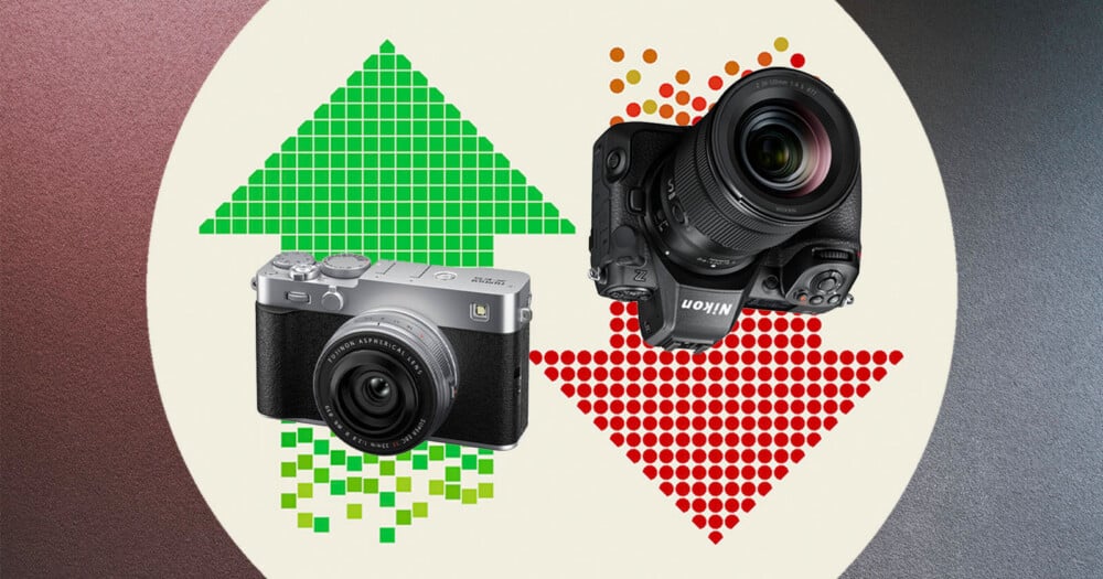 A Fujifilm camera sits in front of a green upward-pointing arrow made of squares, while a Nikon camera sits in front of a red downward-pointing arrow made of circles.