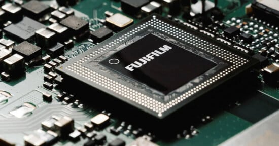 A close-up view of a black square computer chip labeled "FUJIFILM" mounted on a green circuit board with various electronic components.