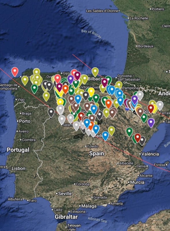 A satellite map of the Iberian Peninsula featuring numerous colorful location pins clustered across northern and central Spain.