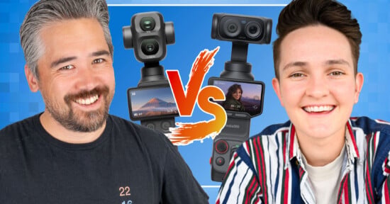 Two people smile in front of a blue background featuring two gimbal cameras and a large "VS" graphic.
