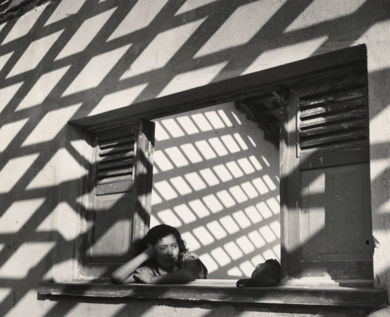 A woman rests her head on her hand while looking out of a window, framed by the geometric shadows of a trellis.
