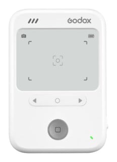 A white Godox wireless microphone receiver with a digital display screen, navigation buttons, and a central circular button.