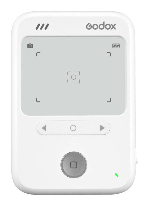 A white Godox wireless microphone receiver with a digital display screen, navigation buttons, and a central circular button.