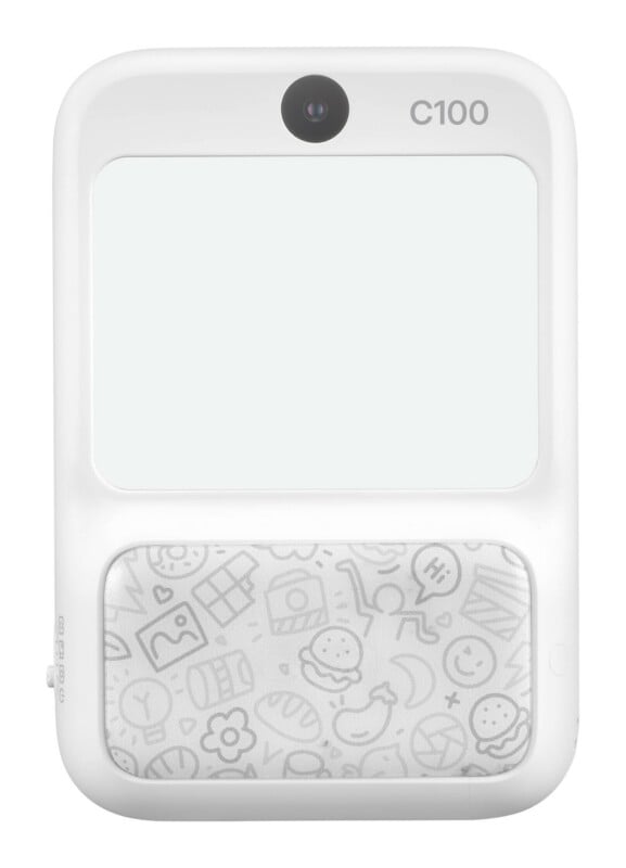 A white, rectangular digital camera with a lens at the top, a large blank screen area, and a patterned lower panel featuring various line-art icons.