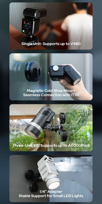 Four panels showing a modular suction mount system: a single unit holding a flash, a magnetic cold shoe connection, a three-unit kit supporting a larger strobe, and a 1/4" adapter holding a small LED light.