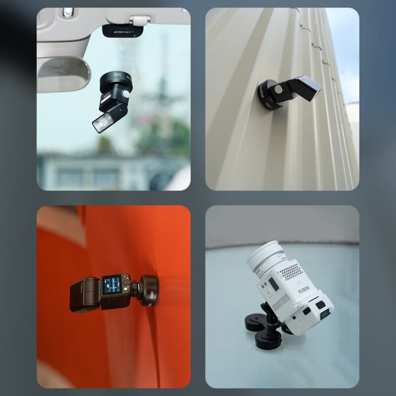 A four-panel collage showing a magnetic mounting accessory attached to a car windshield, a metal wall, an orange surface, and a table, holding various camera flash and lighting units.