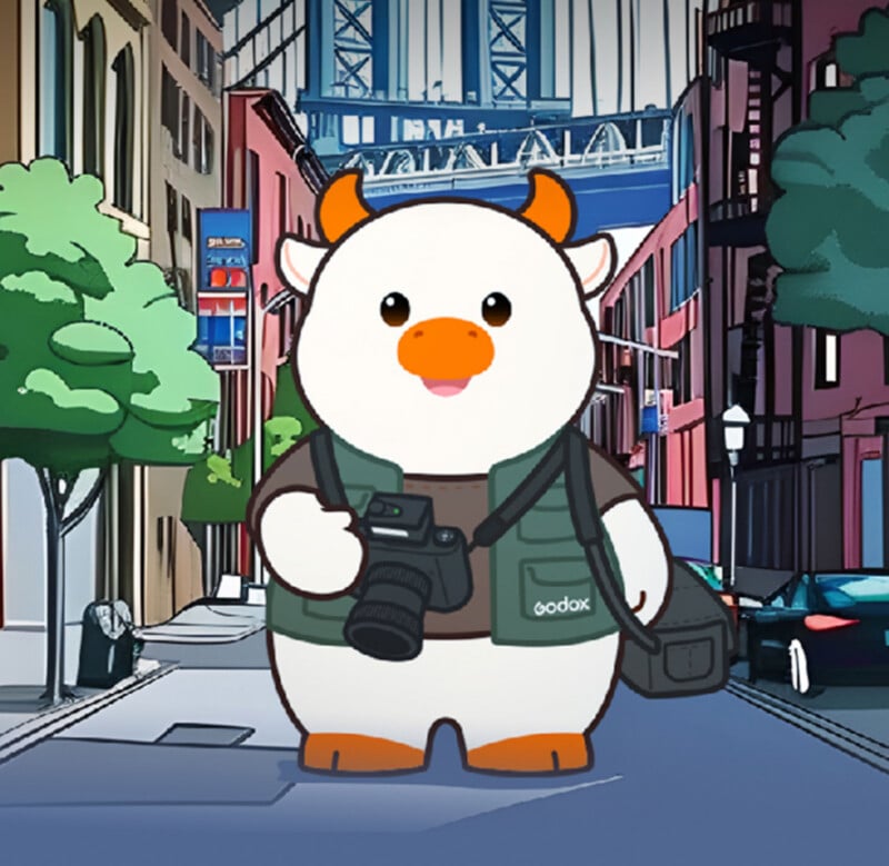 A cartoon cow wearing a green vest and holding a camera stands on a city street with a bridge in the background.