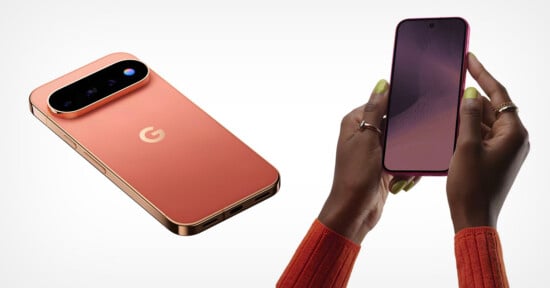 A coral-colored smartphone is shown from the back on the left, while a person holds the same phone facing forward on the right.
