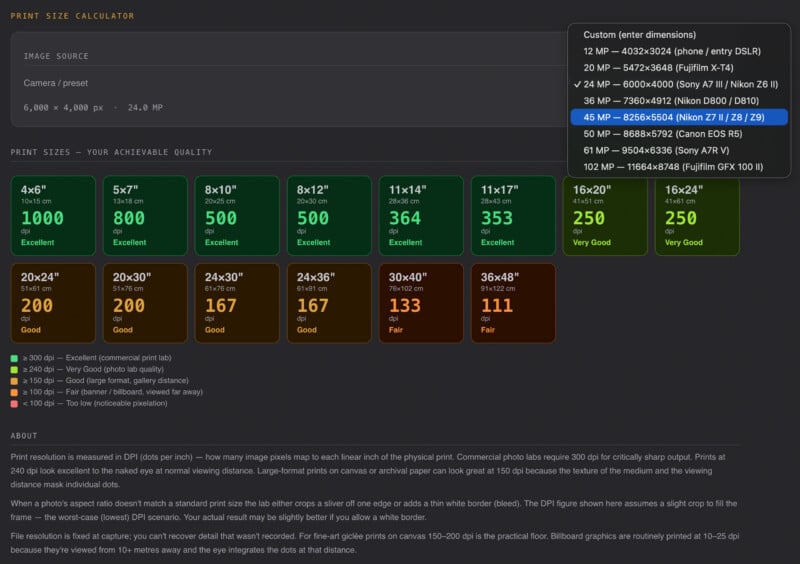 A print size calculator interface showing image resolution settings and a grid of achievable print quality based on DPI.