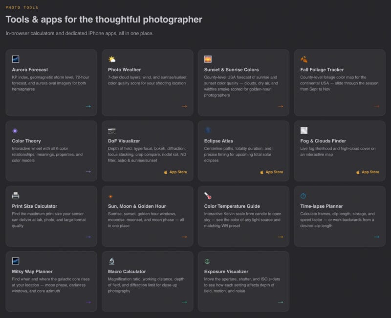 A grid of cards displaying various photography tools and apps, each featuring an icon, title, and brief description.
