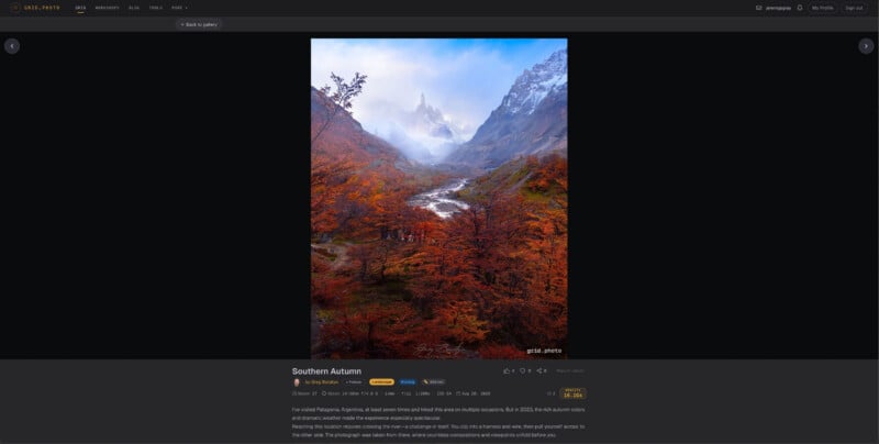 A mountain valley with a winding stream, surrounded by vibrant orange and red autumn trees under a cloudy, dramatic sky.
