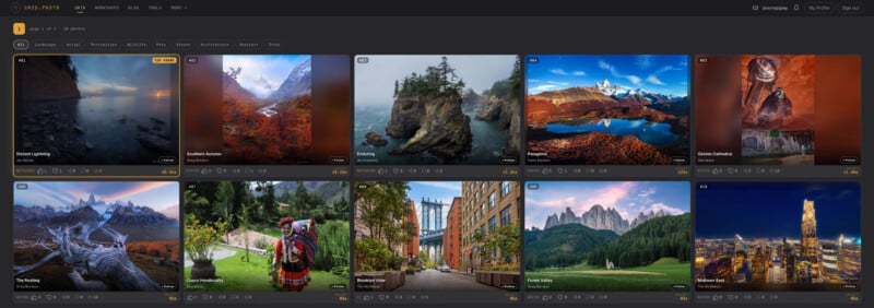A grid of ten landscape and travel photographs displayed on a website interface, each labeled with a number, title, photographer name, and engagement metrics.
