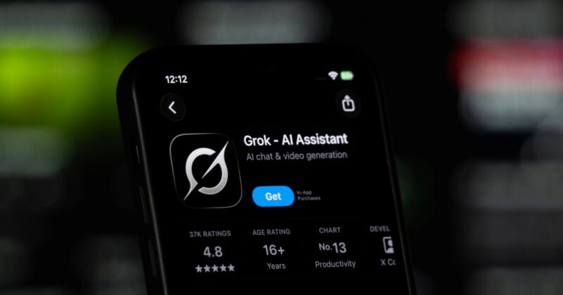 A smartphone screen displays the App Store page for "Grok - AI Assistant," showing a 4.8-star rating and a "Get" button.